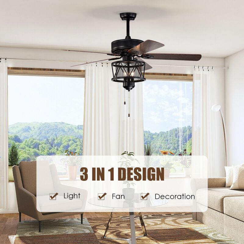 50 Inches Ceiling Fan with Lights Reversible Blades and Pull Chain Control-Black