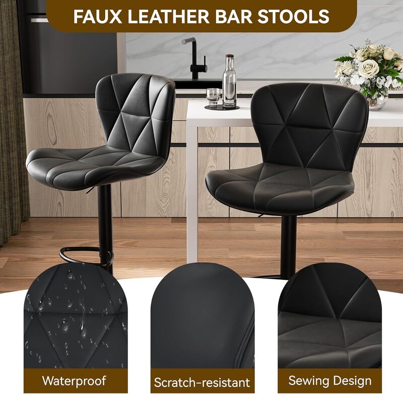 Faux Leather Swivel Bar Stools Set of 2, Adjustable Counter Height Kitchen Chairs, Iron Frame High Backrest 360&deg; Barstools for Kitchen Counter, Outdoor image number 4