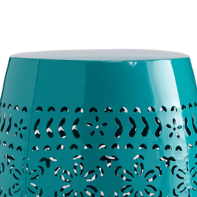 Outdoor Garden Stool Side Table, Lace-Cut 12 Inch Top, Teal Iron - Benzara