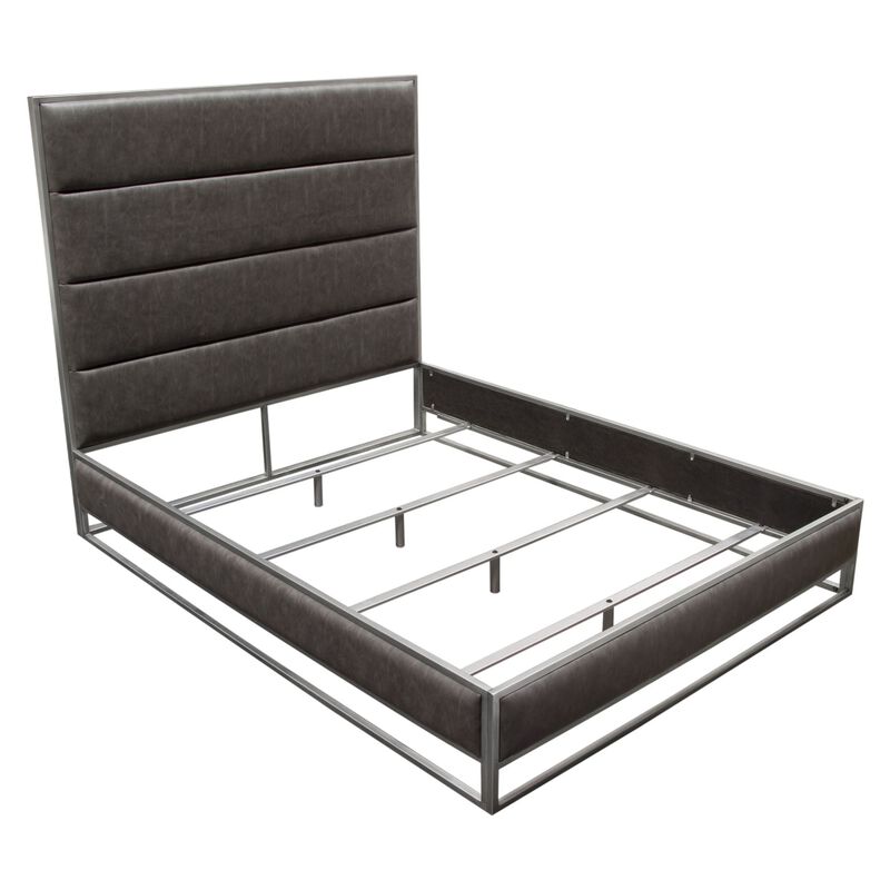 Chek Queen Size Bed, Gray Faux Leather Upholstery w Silver Metal Frame