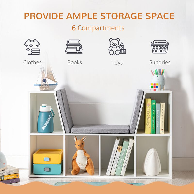 White Kids' Organizer: 6-Cubby Wooden Bookshelf with Cushion