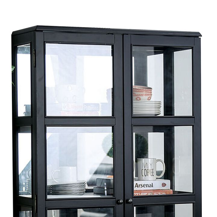 Transitional Wooden Curio Cabinet with Two Glass Doors and Four Shelves, Black - Benzara