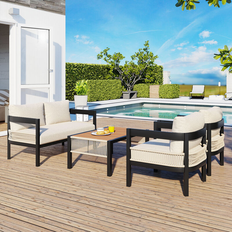 Whisen Multi-person Outdoor Iron Sofa Set with A table, Rattan Decoration, Waterproof, Rust-proof, Suitable for Garden, Lawn Use - Dark Blue