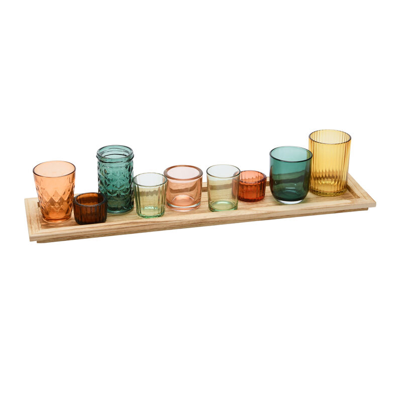 Round Glass Votive Holders on Wood Tray, Multicolor, Set of 9 image number 0