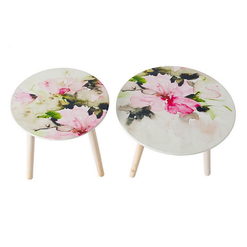 Byle 16, 20 Inch Side Table Set of 2, Floral Design, Pink and White - Benzara