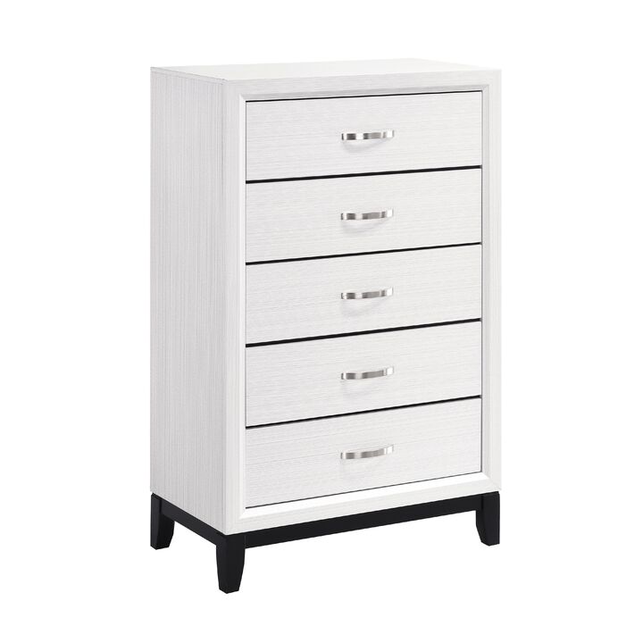 Ameya Tall Dresser Chest, 5 Drawers w Chrome Handles, White and Black - Benzara