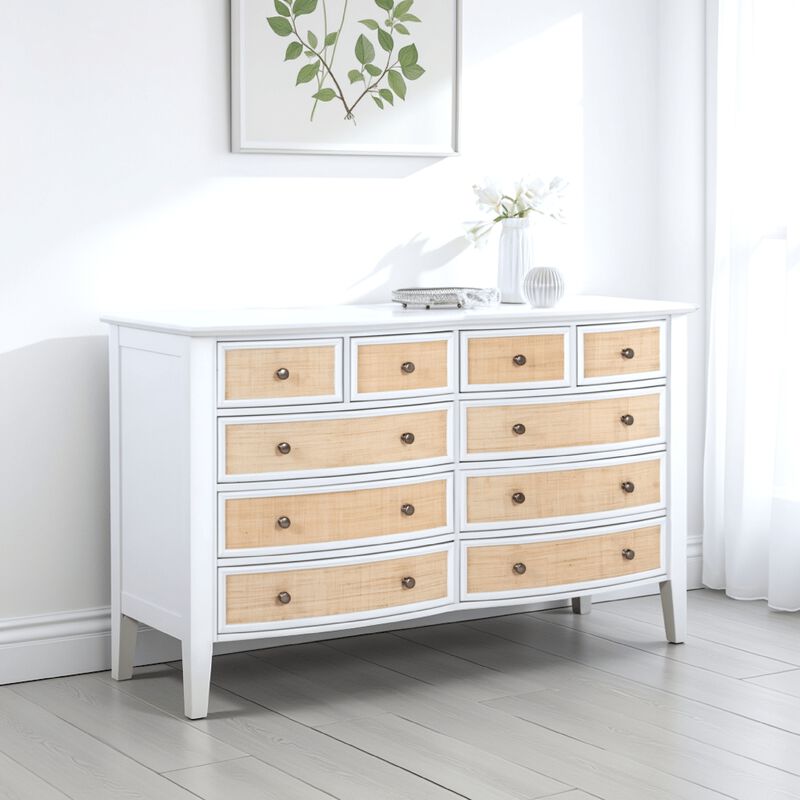 Heo Wide Dresser, 10 Drawers, Rattan Woven Curved Front, White Wood - Benzara