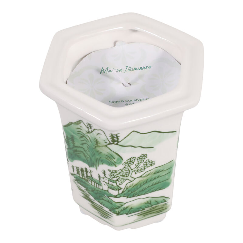 4", 6oz Chinoiserie Candle, Green/white image number 3