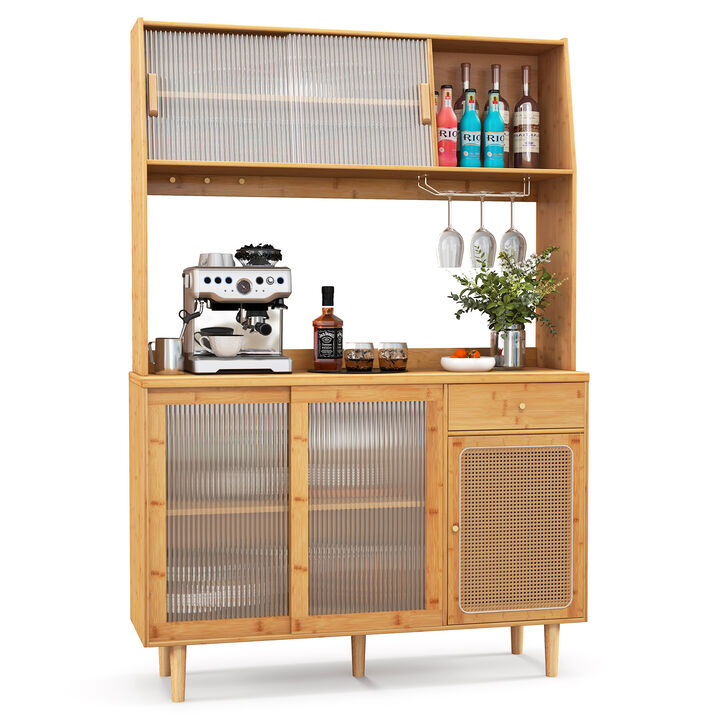 Wine Bar Kitchen Cabinet with Sliding Tempered Glass and Rattan Door