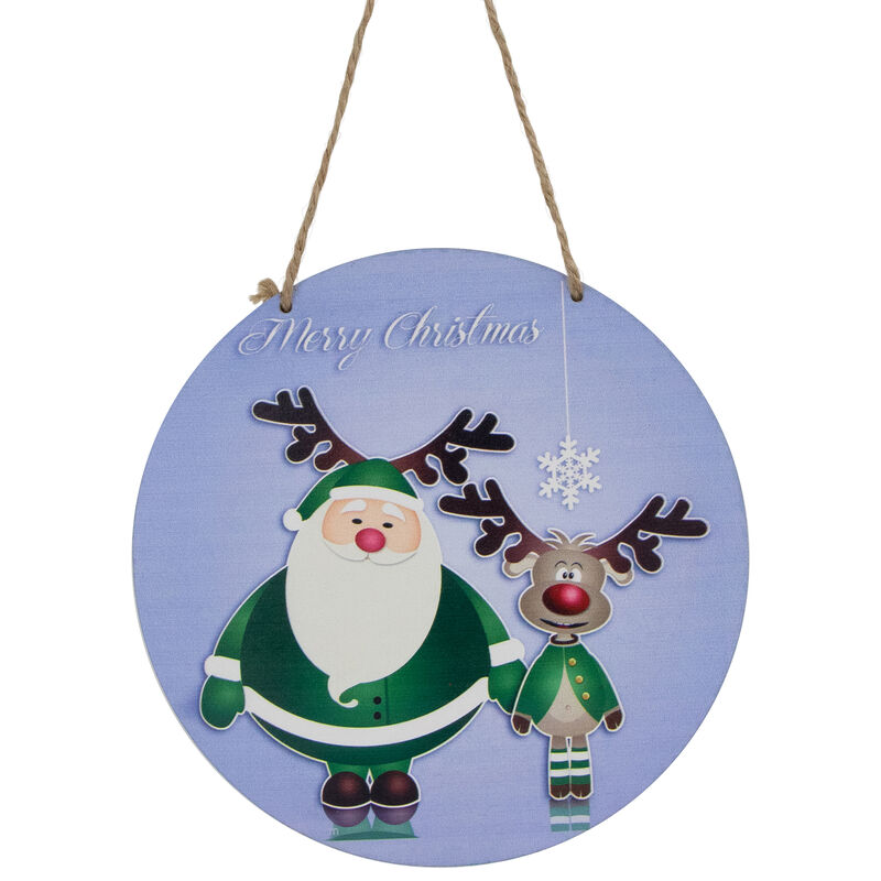 8" Blue and Green Santa and Reindeer "Merry Christmas" Disc Ornament image number 0