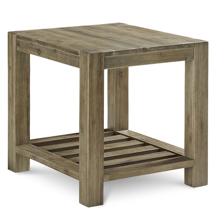 Cyon 28 Inch Side End Table, Washed Gray and Brown Wood, Open Shelf - Benzara
