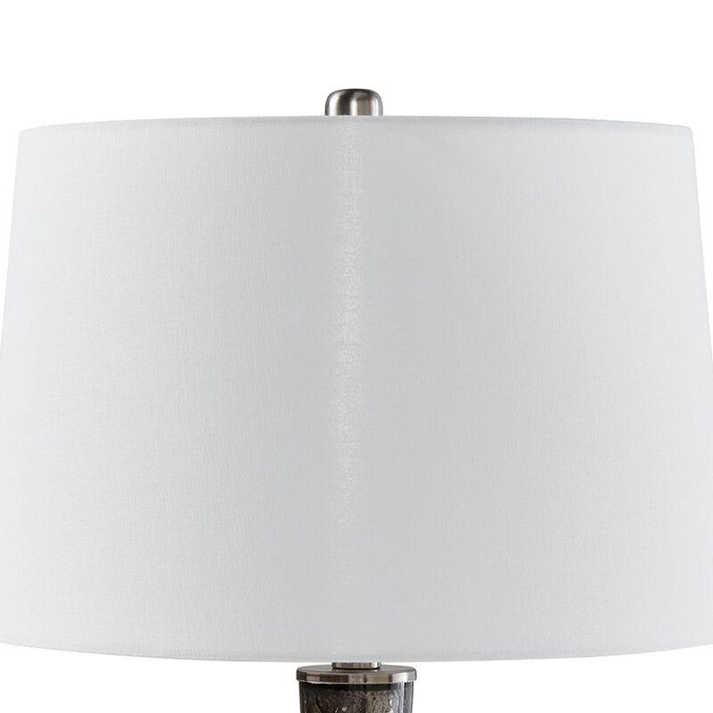 26 Inch Table Lamp, Tall Black Round Glass Base, White Drum Fabric Shade - Benzara