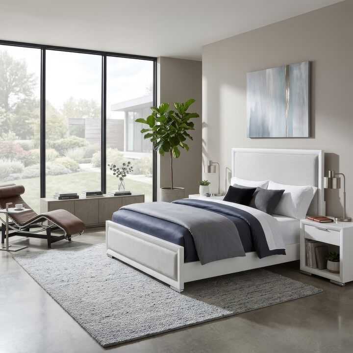 Ruvie Panel Bed with Herringbone Weave Fabric, Wood
