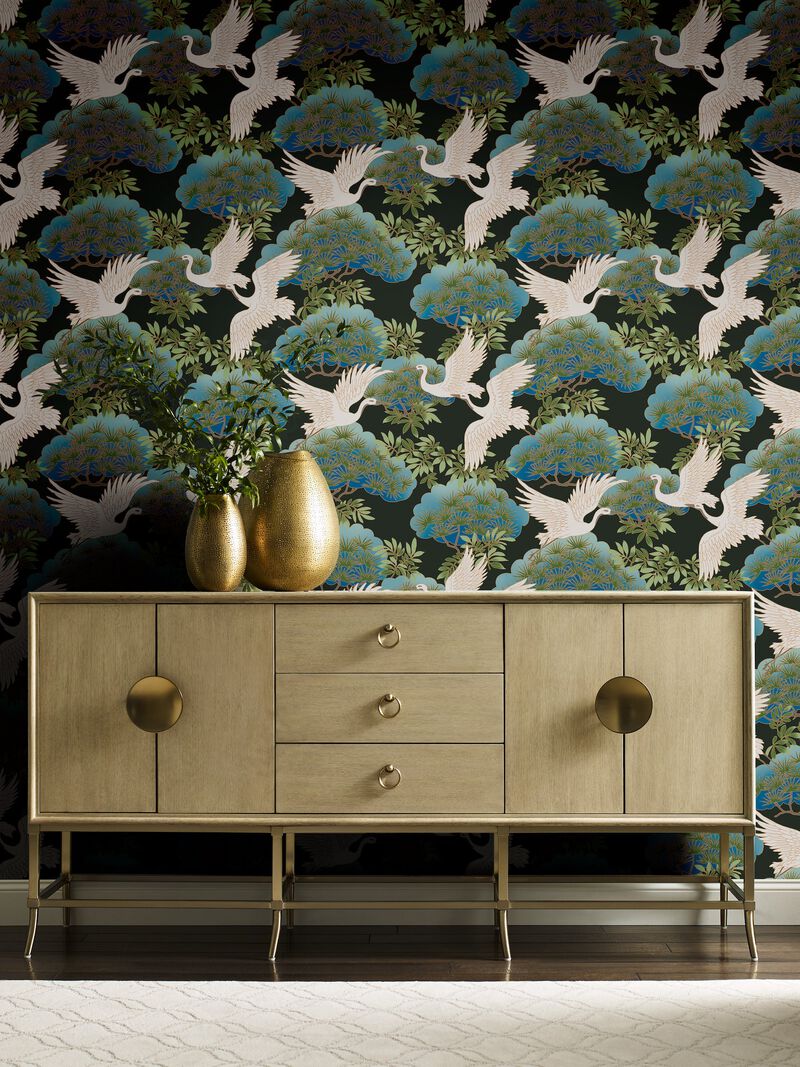 Sprig & Heron Black Wallpaper (Double Roll) image number 5