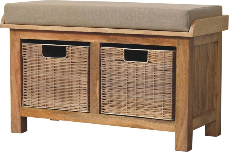 Artisan Furniture Solid Wood Rattan Basket Linen Bench