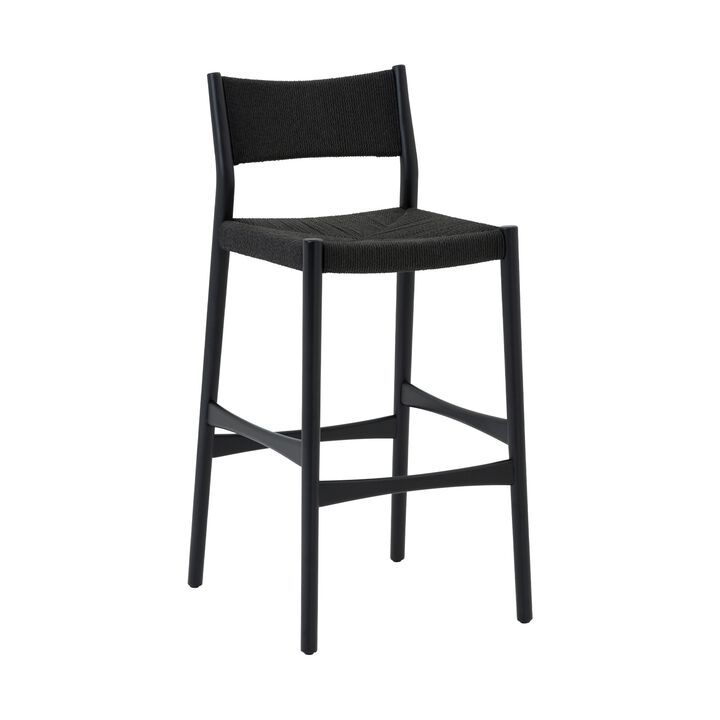 Rie Barstool Chair, Danish Inspired Panel Backrest, Black Woven Paper Cord - Benzara