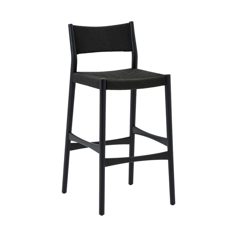 Rie Barstool Chair, Danish Inspired Panel Backrest, Black Woven Paper Cord - Benzara