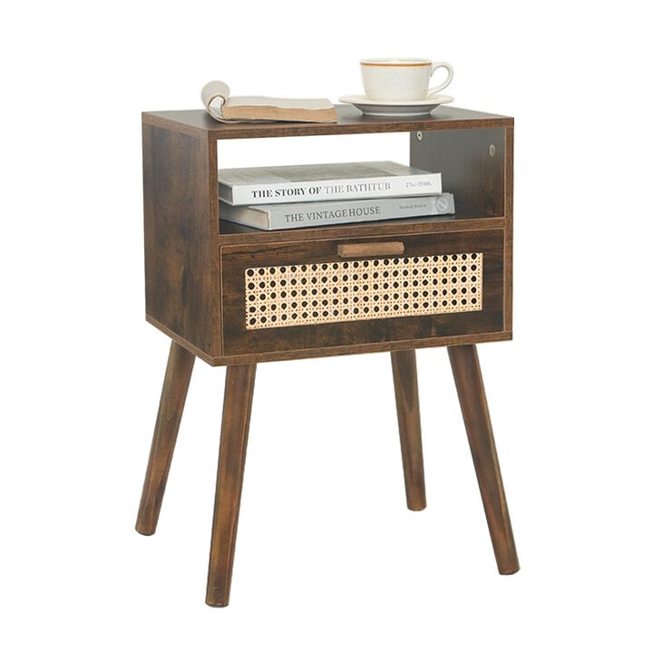 MaxSmeo Mid Century Nightstand, Rattan Side Table with Drawer, Wood Modern Bedside Table for Bedroom, Living Room and Small Spac