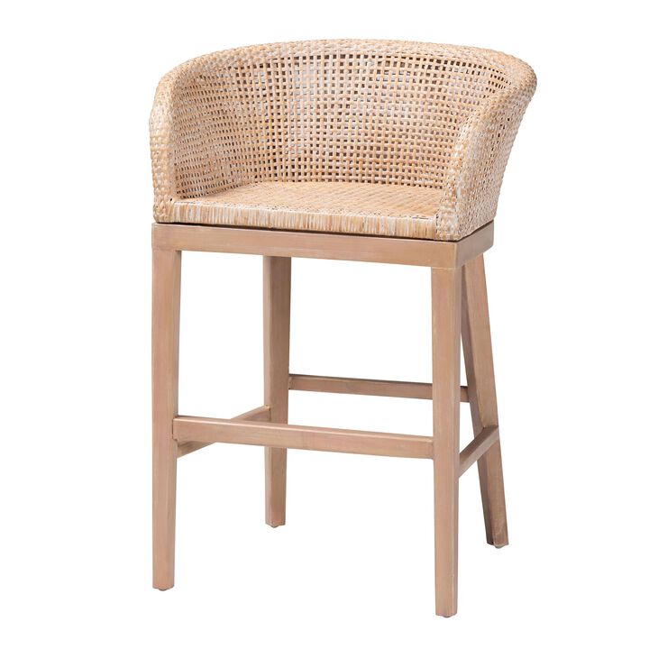 bali & pari Papua Modern Bohemian Antique White Washed Rattan and Mahogany Wood Counter Stool