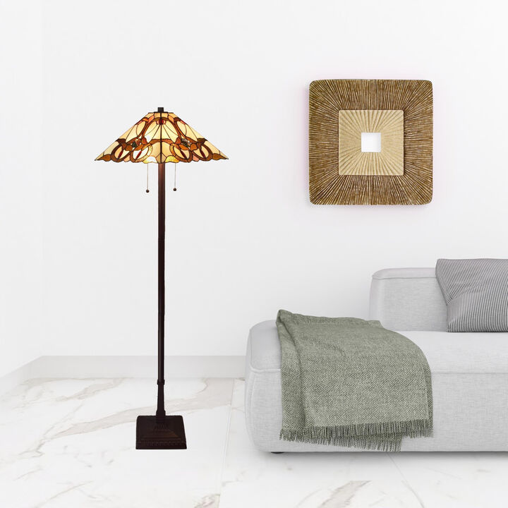 Hivvago 62" Beige Two Light Floor Lamp With Brown And White Glass Cone Shade