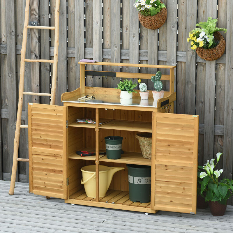 Outsunny Garden Potting Bench Table Wooden Workstation Shed with Tabletop, Hooks, 3-Tier Shelves Cabinet and 2 Magnetic Close Doors