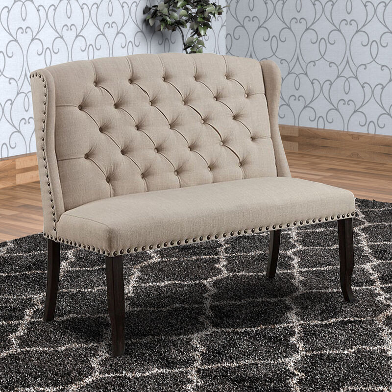 Nailhead Trim Fabric Upholstered Wing Back Wooden Bench, Beige and Black-Benzara