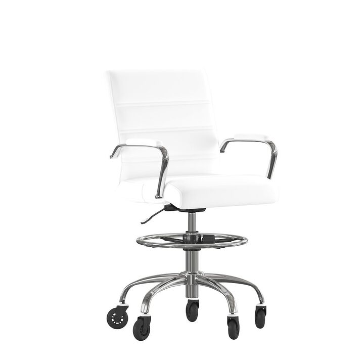 Flash Furniture Mid-Back White Drafting Chair with Adjustable Foot Ring, Chrome Base,