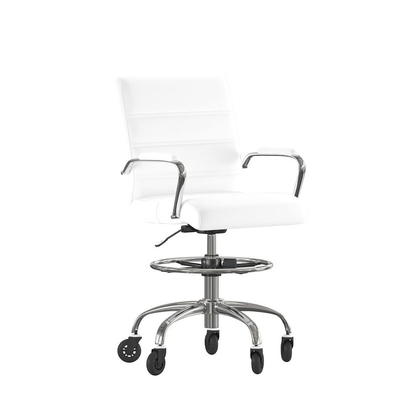 Flash Furniture Mid-Back White Drafting Chair with Adjustable Foot Ring, Chrome Base, image number 0