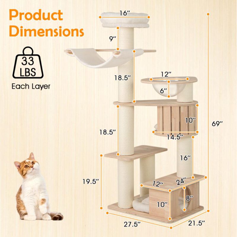 Hivvago 69 Inches Tall Cat Tree with Cozy Top Perch and Washable Plush Cushions