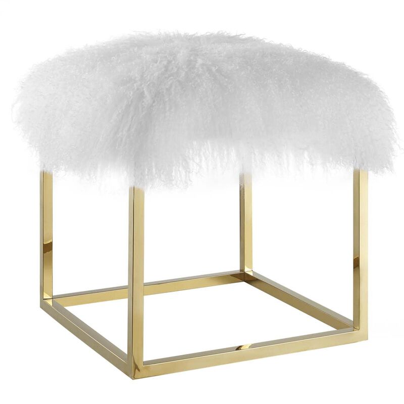 Modway Anticipate Modern Ottoman With Sheepskin Upholstery and Gold Stainless Steel Frame, White