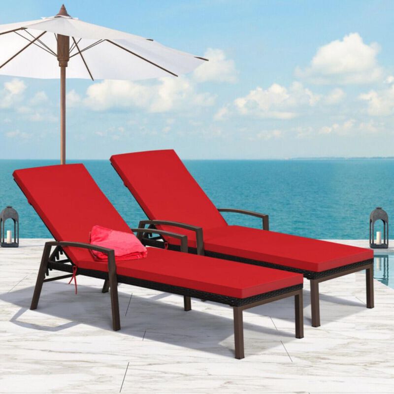 Hivvago 2 Pieces Patio Rattan Reclining Chaise Lounge Chair with Cushion and Armrest