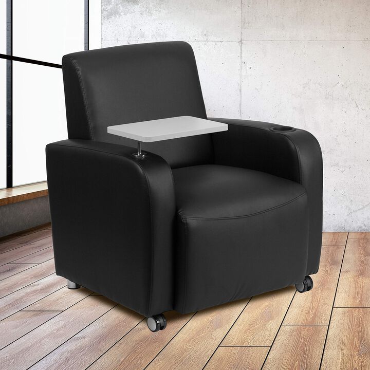 Flash Furniture George Black LeatherSoft Guest Chair with Tablet Arm, Front Wheel Casters and Cup Holder