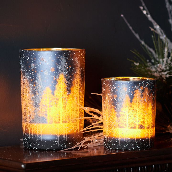Set of 2 Pine Tree Glass Candle Holders for Holiday Tabletop or Mantel Decor