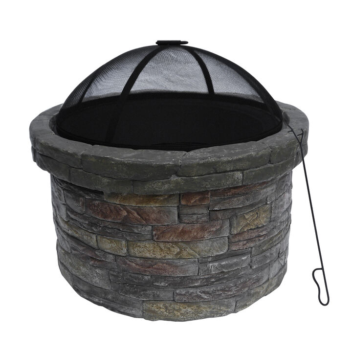 Teamson Home 26.5" Outdoor Round Stone Wood Burning Fire Pit with Steel Base, Natural Stone