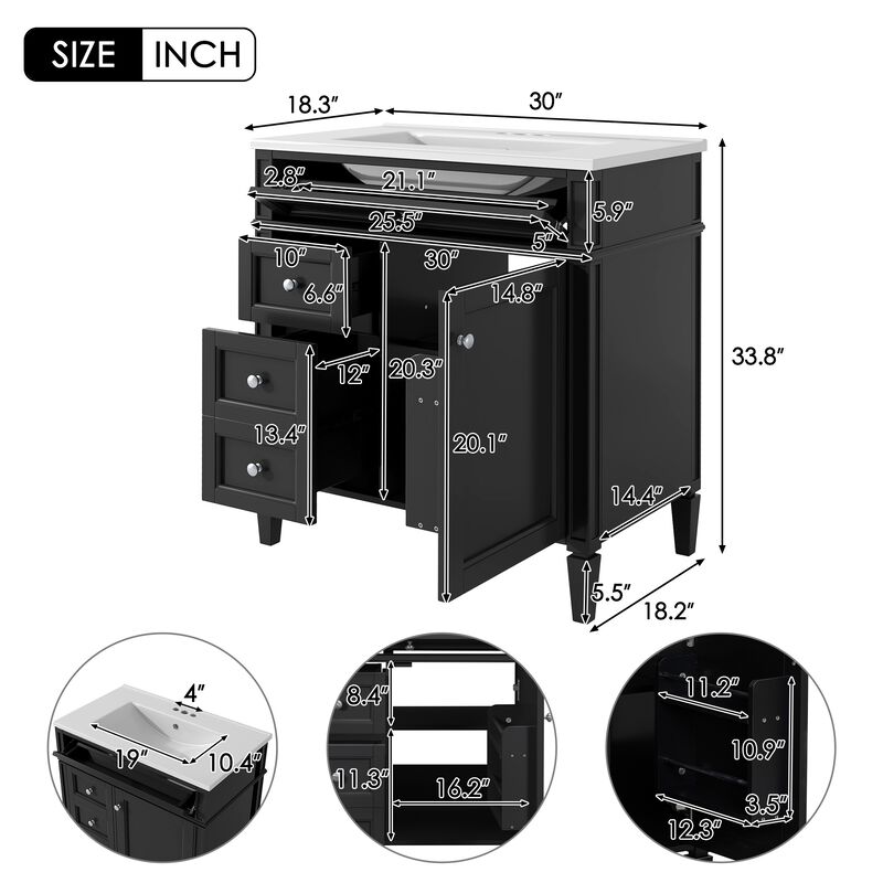30 in. W Modern Single Sink Bathroom Vanity with 2 Drawers and 1 Tip-Out Drawer image number 6