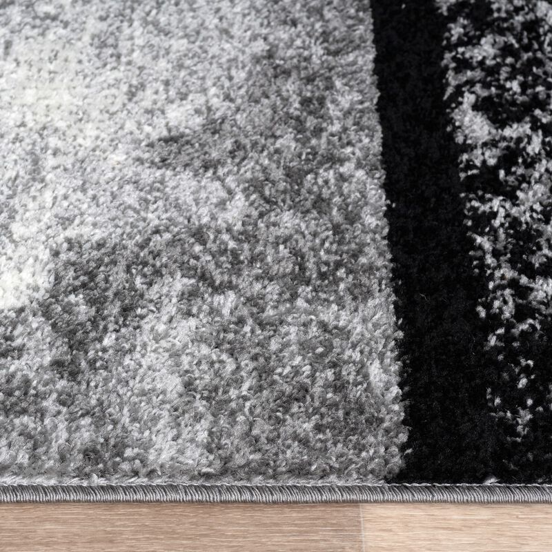 Area Rug in Black and White with Modern Paint Effect and Geometric Pattern