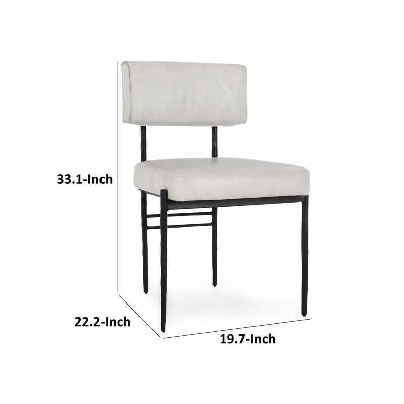 Keto Dining Chair Set of 2, Off White Leather, Black Hammered Iron - Benzara