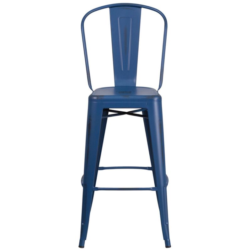 Flash Furniture Commercial Grade 30" High Distressed Antique Blue Metal Indoor-Outdoor Barstool with Back