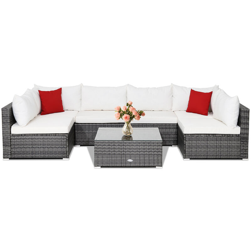 7 Pieces Patio Rattan Furniture Set with Sectional Sofa Cushioned image number 3