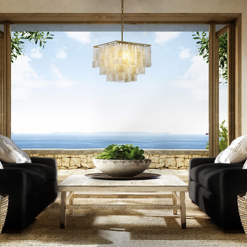 3-Light Unique/Statement Square Coastal Natural Capiz Shell Tiered Chandelier image number 2
