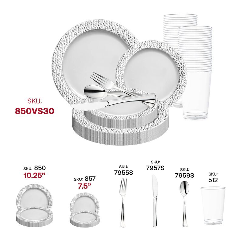 White with Silver Hammered Rim Round Plastic Wedding Value Set (30 Sets) image number 5