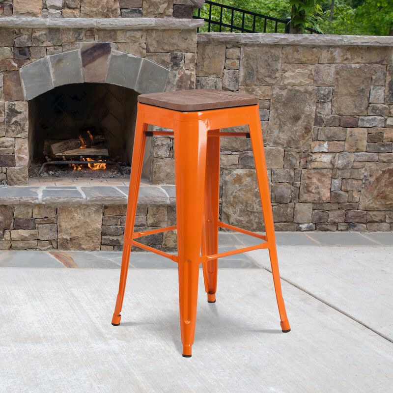 Flash Furniture 30" High Backless Orange Metal Barstool with Square Wood Seat image number 6
