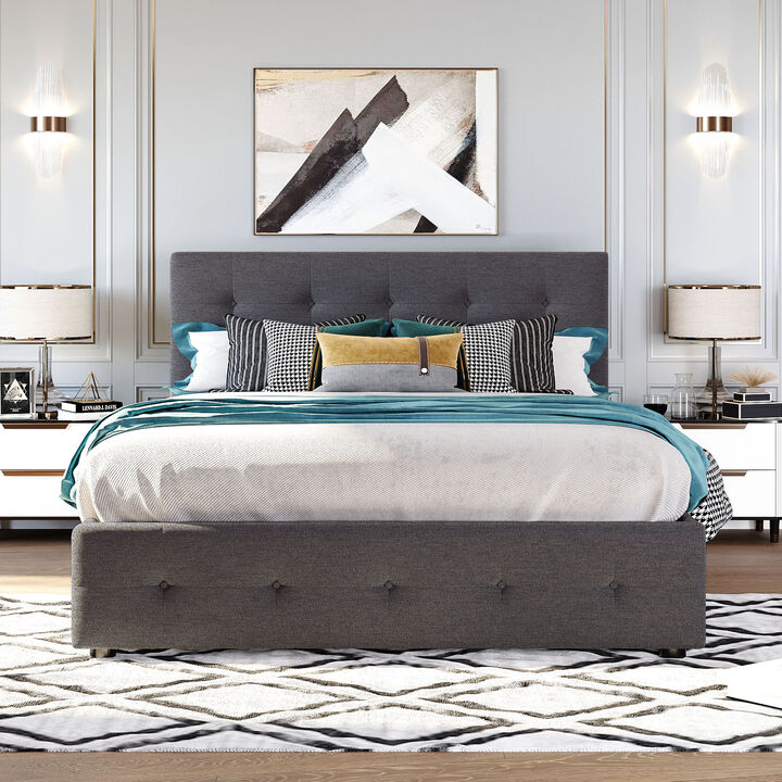 Whisen Queen Size Upholstered Platform Bed with 2 Drawers & Twin XL Trundle, Linen Fabric Space-Saving Bed for Bedroom