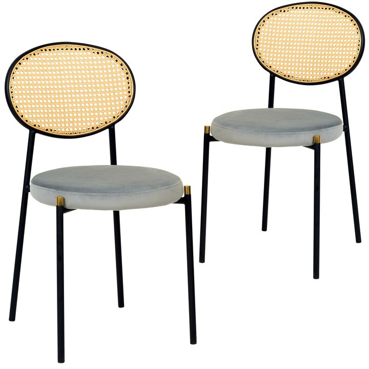 LeisureMod Euston Modern Dining Chair with Wicker Back and Velvet Seat, Indoor Kitchen, Dining Room, Home, Contemporary Side Chair Seating, Set of 2