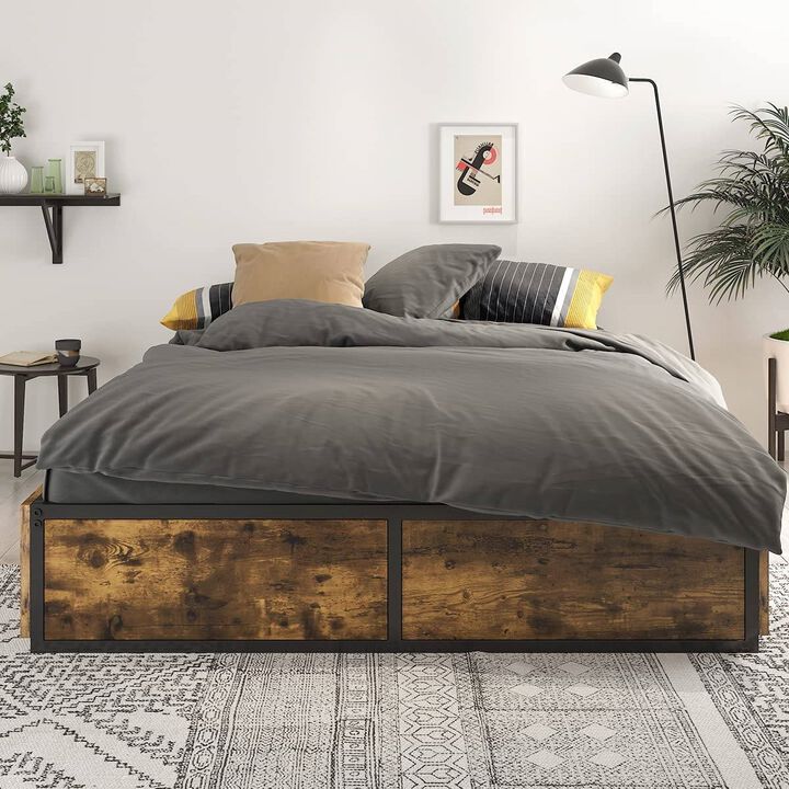QuikFurn Full Metal Wood Platform Bed Frame with 4 Storage Drawers - 600 lbs Max Weight
