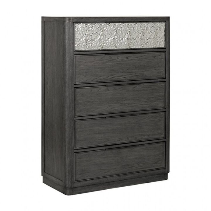 Zoko Tall Dresser Chest, 5 Drawers, Textured Metal Accents, Ash Gray - Benzara