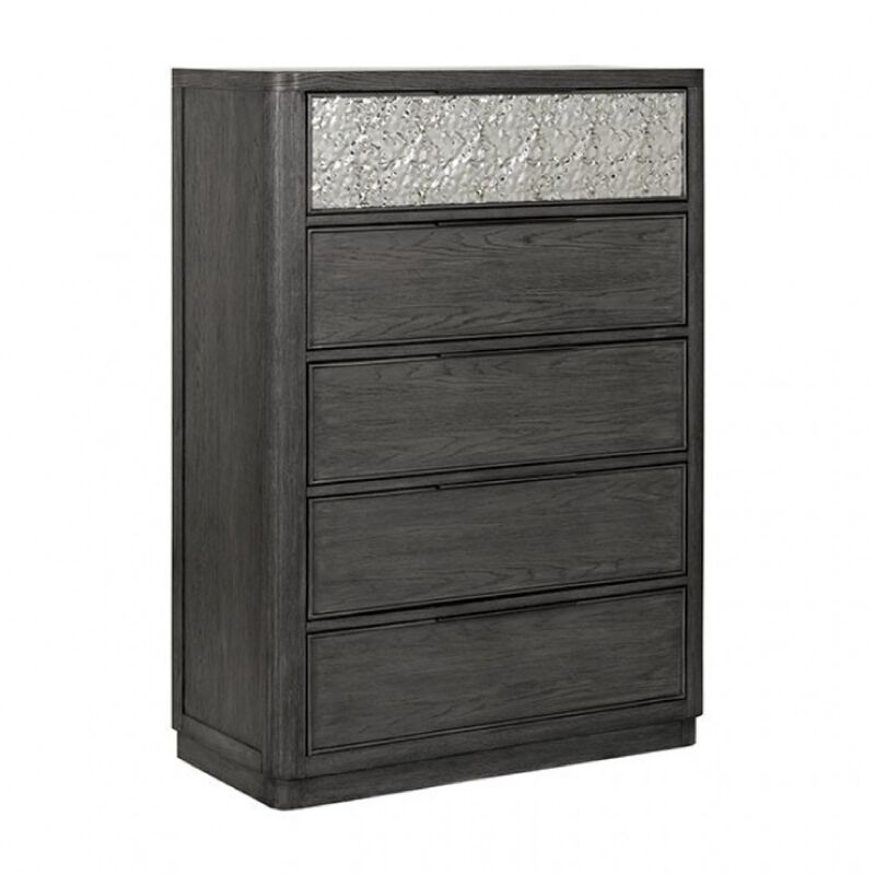 Zoko Tall Dresser Chest, 5 Drawers, Textured Metal Accents, Ash Gray - Benzara