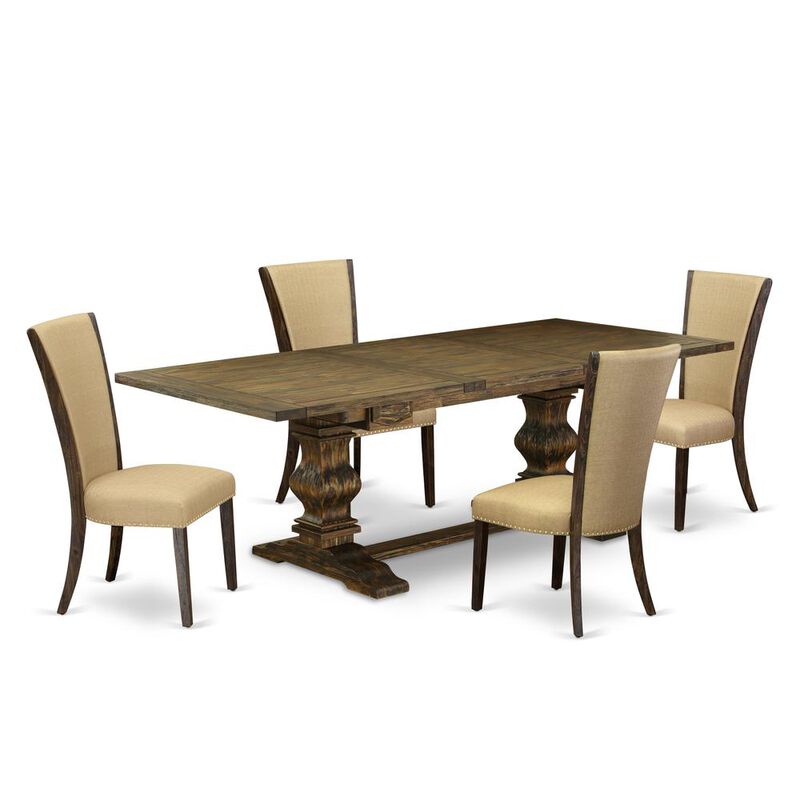 East West Furniture LAVE5-77-03 5Pc Dining Table Set Offers a Table and 4 Upholstered Dining Chairs with Brown Color Linen Fabric, Medium Size Table with Full Back Chairs, Distressed Jacobean Finish
