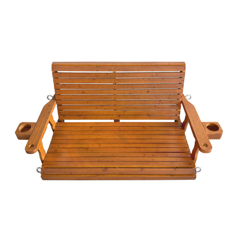 Mega Casa Wooden Porch Swing 2-Seater, Bench Swing with Cupholders, Hanging Chains and 7mm Springs, Heavy Duty 800 LBS, for Outdoor Patio Garden Yard (Brown)