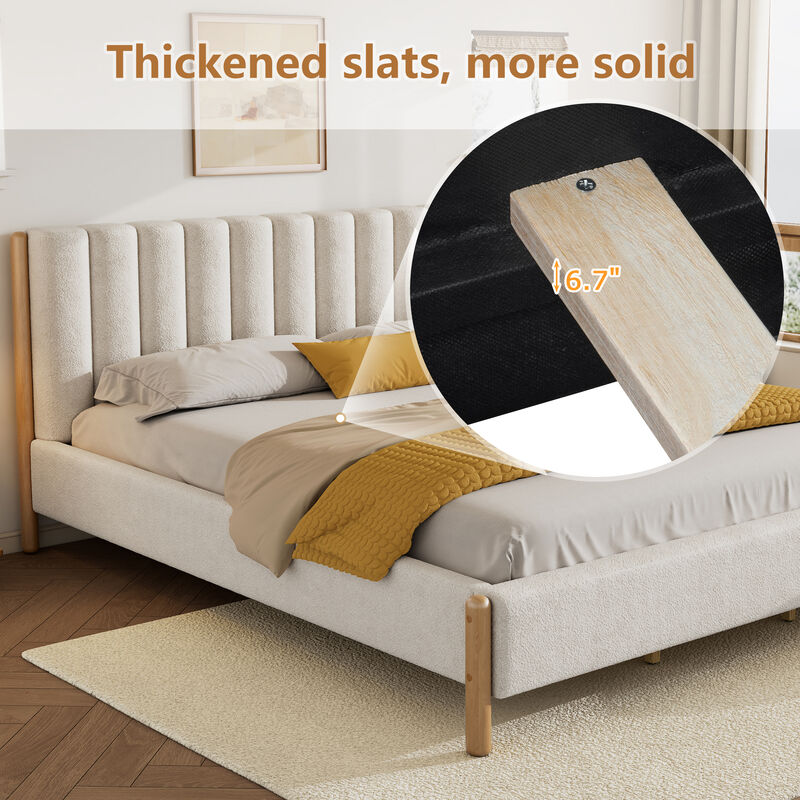 Christopher Knight Home Edana Modern Wood Boucle Platform Bed with Vertical Stripes Headboard image number 4